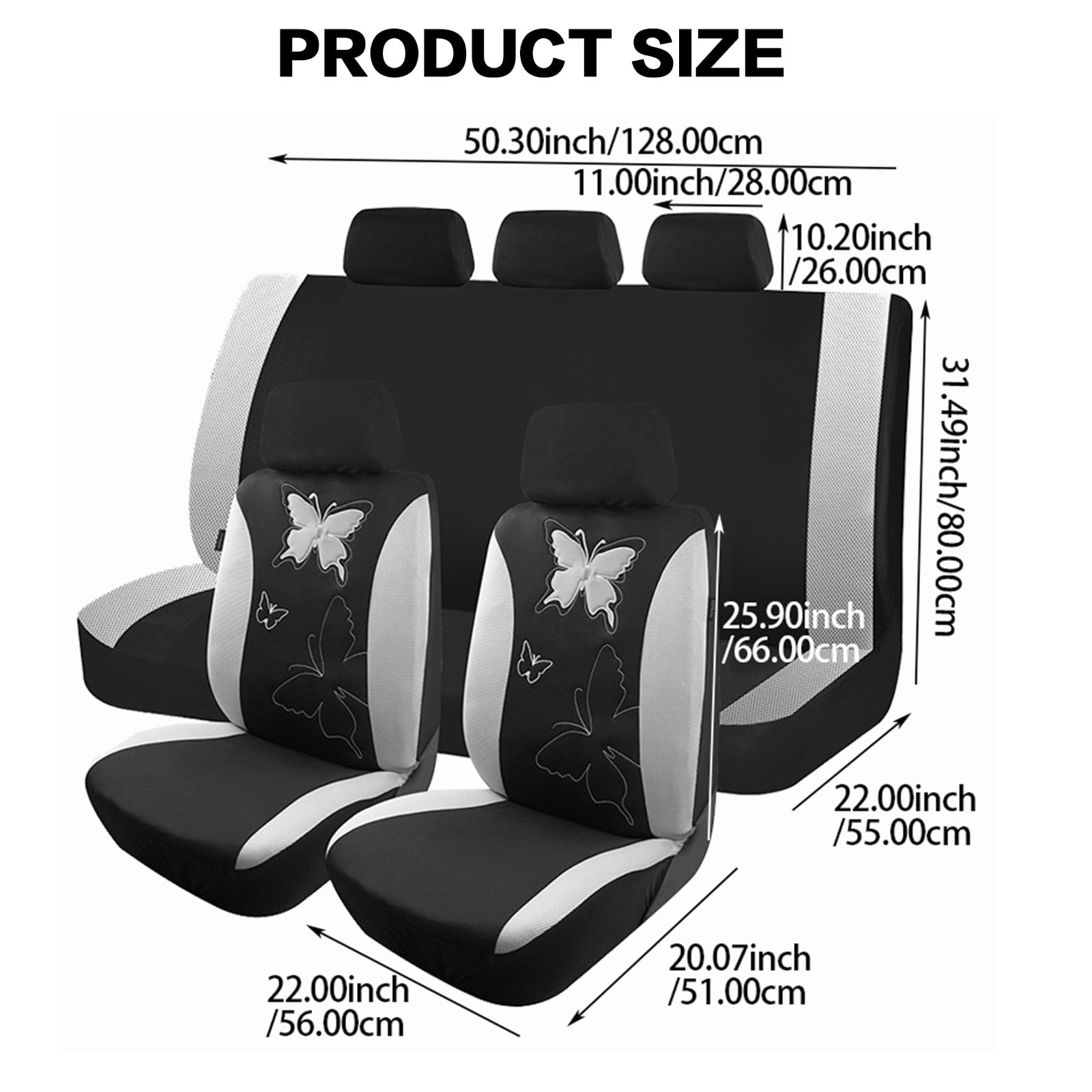 OTOEZ Butterfly Car Seat Cover, Breathable Cloth 5 Seats Full Set for Front & Rear Seat Protector, Universal fit Most Honda Toyota Chevy Ford Nissan Truck SUV, Gray
