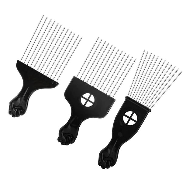 Juego de peines metálicos y de acero para desenredar y peinar cabello rizado y grueso, 3 piezas, color negro.
