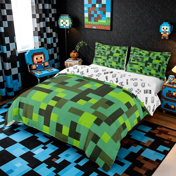 Meiyoeat Pixelated Blocks Miners Duvet Cover Queen, Retro Geometric Camo Queen Bedding for Bedroom,3-Piece,No Comforter