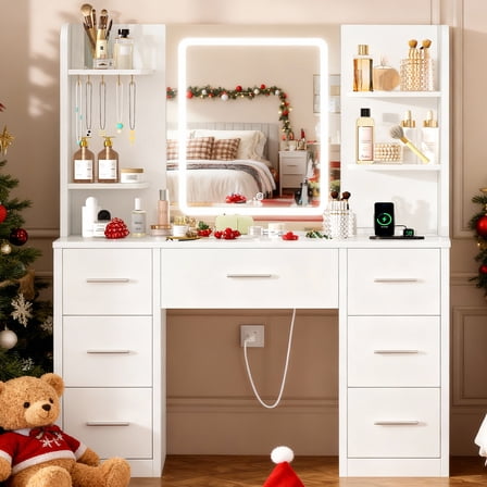 Vanity set with Mirror, Vanity Desk with Mirror and Lights, Makeup Vanity Table with 7 Drawers, 4 open shelves, Dressing Table for Bedroom, White
