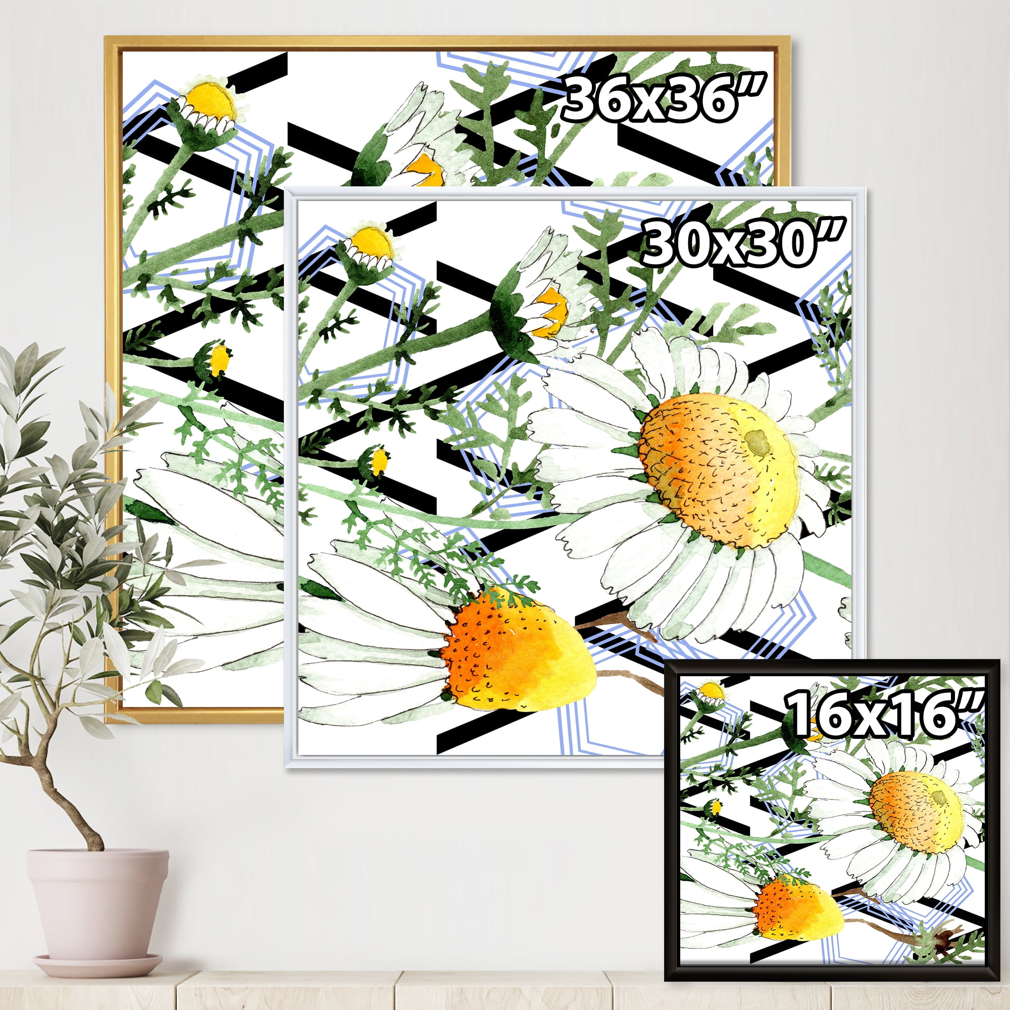 Designart 'Wild Spring Chamomile Flowers On Geometric Lines' Traditional Framed Canvas Wall Art Print