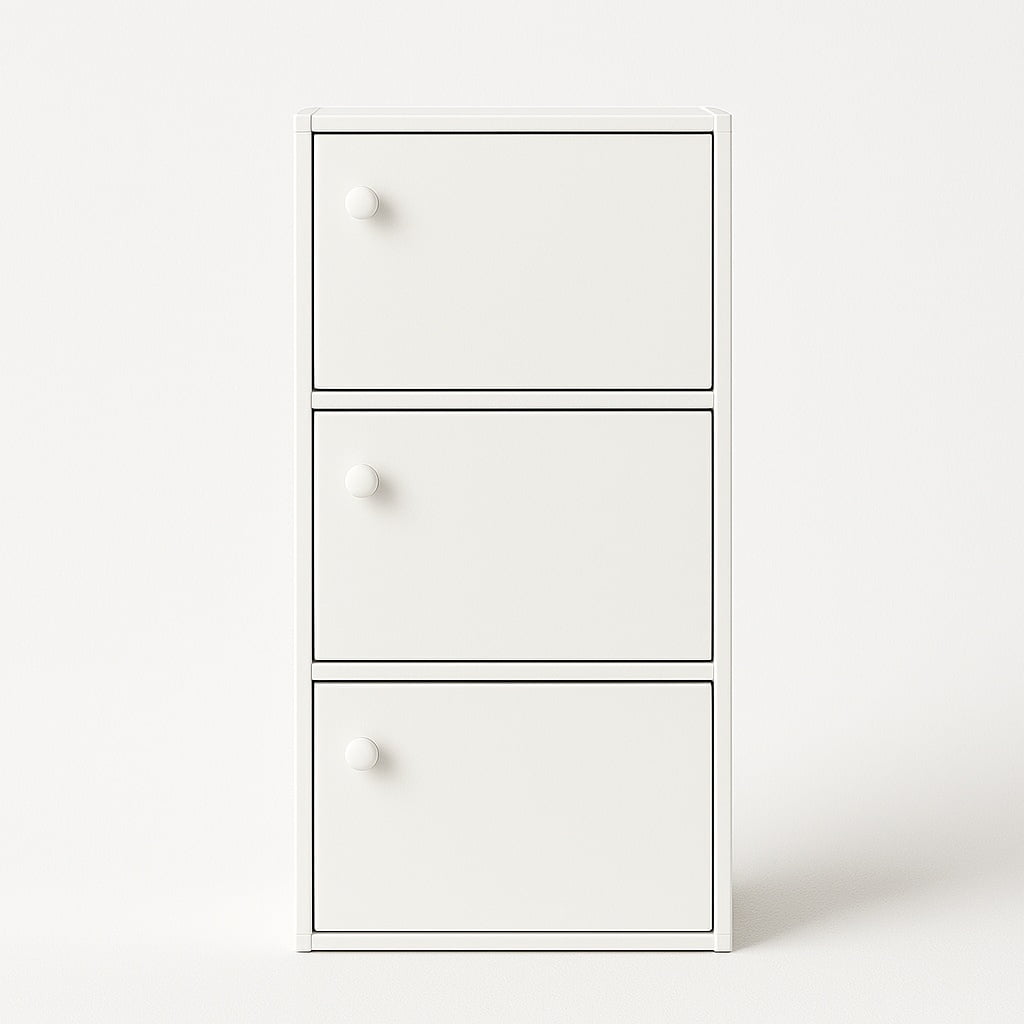 3-Tier White Bookcase with Doors – Matte Finish Vertical Storage Shelf by PJ Furniture