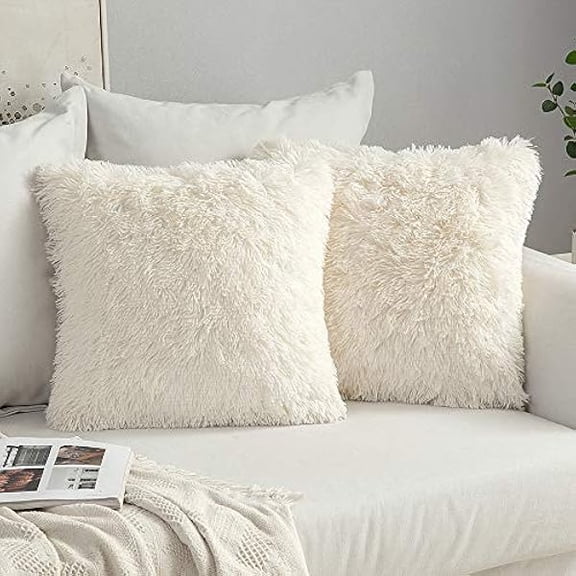 Eryueer Pack of 2 Faux Fur Throw Pillow Cover Fluffy Soft Decorative Square Pillow covers Plush Case Faux Fur Cushion Covers For Chair Livingroom Sofa Bedroom 24x24 Inch 60x60cm Cream white