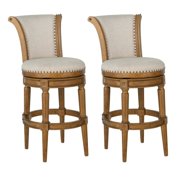 ROME OAK Runyan 31" Swivel Bar Stool in Weathered Oak with Sand Fabric Seat, Set of 2