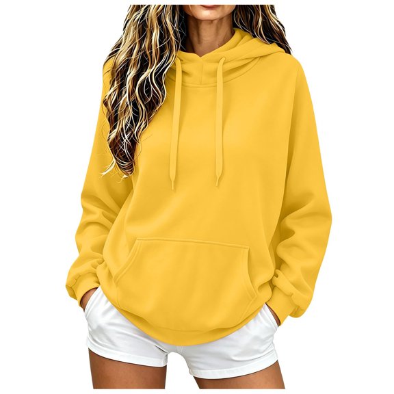 felwors Women's Oversized Fleece Pullover Hoodie Drawstring Pocket Casual Sweatshirt Yellow for Size M