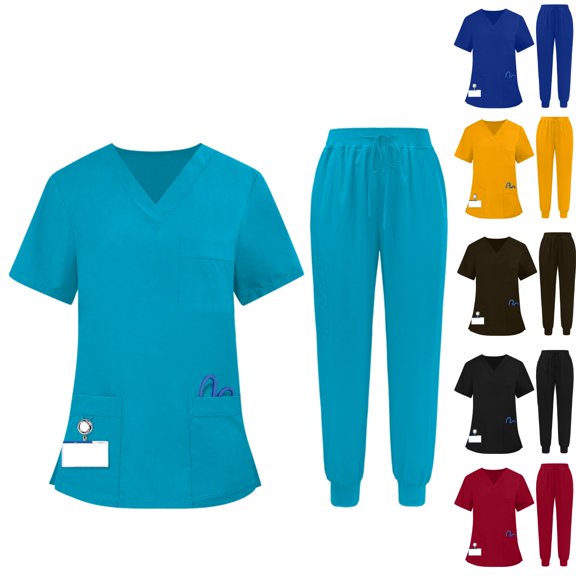 Scrubs for Women Set Short Sleeve V-Neck Tops with Pocket & Jogger Pants with Drawstring
