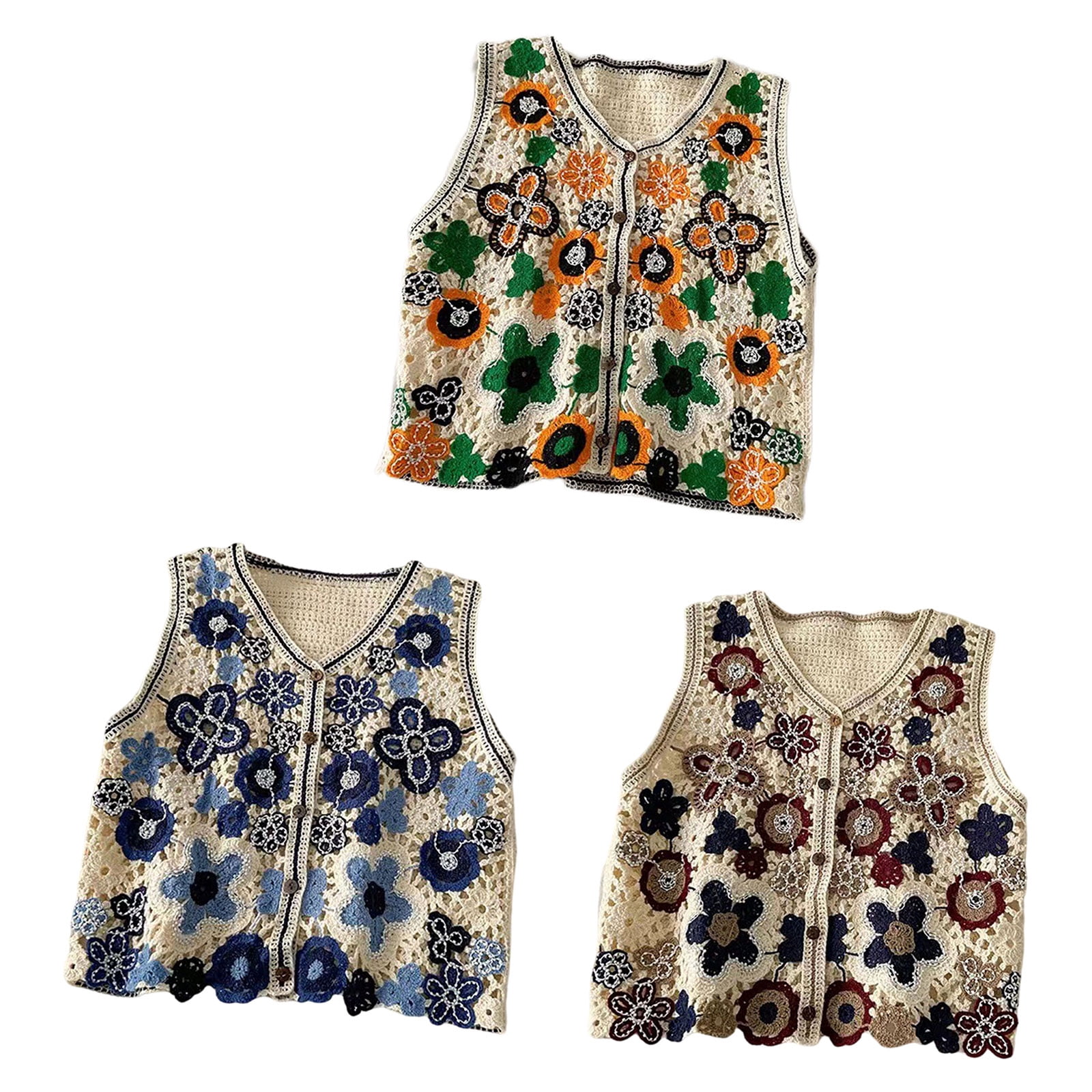 Sorrowso Women Hollow Crochet Knit Vest Waistcoat Beaded