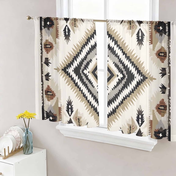 Boho Black Brown Semi Sheer Curtains 54 Inch Length 2 Panels Set, Vintage Geometric Southwestern Ethnic Sheer Kitchen Curtain Privacy Voile Window Curtain for Living Room Bedroom Rod Pocket Drapes