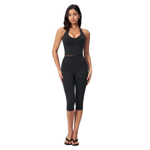 IBTOM CASTLE Capri Workout Sets for Women V Neck Halter Sports Bra High Waist Capri Leggings 2 Piece Yoga Pilates Outfits S Black