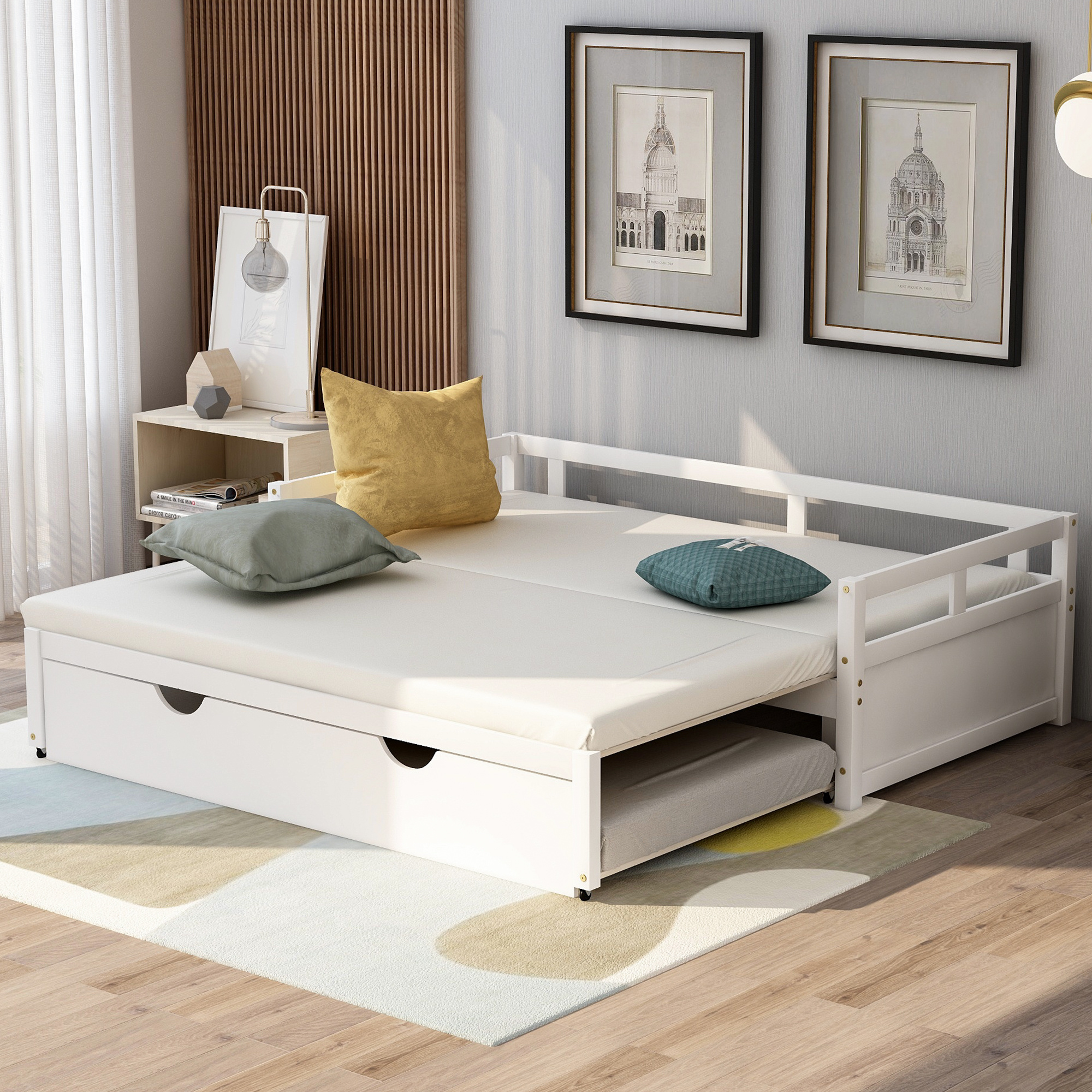 Aukfa Extendable Daybed with Trundle, Twin to King Size Wooden Daybed