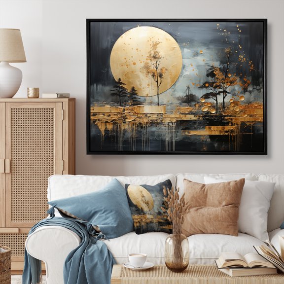 Designart "Golden Gleam Gold Grey wall art I" Abstract Collages Floater Framed Canvas Print