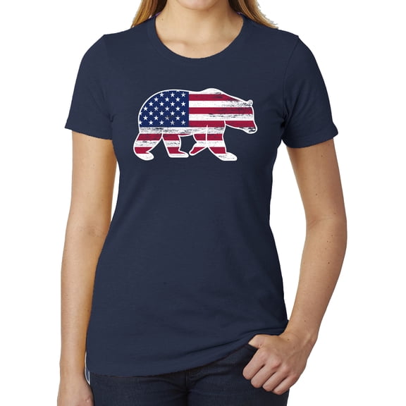 American Flag Bear Women's 4th of July T-shirts, Graphic Tees for Ladies - Heather Navy MH200WPATRIOT S1 XS