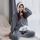 thumbnail image 5 of Pijama de conejo bonito de otoño e invierno para mujer, gorro de franela, pantalones de manga larga, ropa de dos piezas para el hogar, forro polar coral, 5 of 5