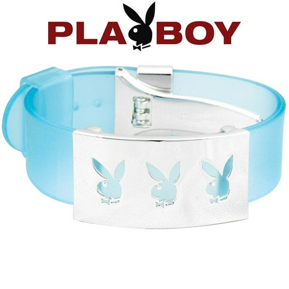 Playboy Bracelet Cuff Triple Bunny Logo Stainless Steel Blue Silicone Adjustable RARE