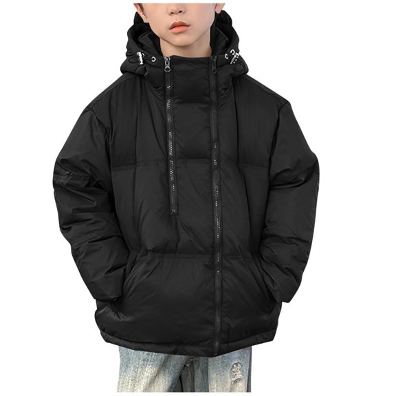 Agkizg Boys Girls Hooded Down Coat Thick Warm Winter Puffer Jacket with Pockets Solid Color Cute Casual Outerwear for