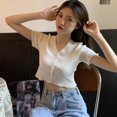 thumbnail image 3 of Summer Women's Multi-color Fashion V-neck Button Short Section Exposed Navel Knitted Short-sleeved T-shirt, 3 of 5