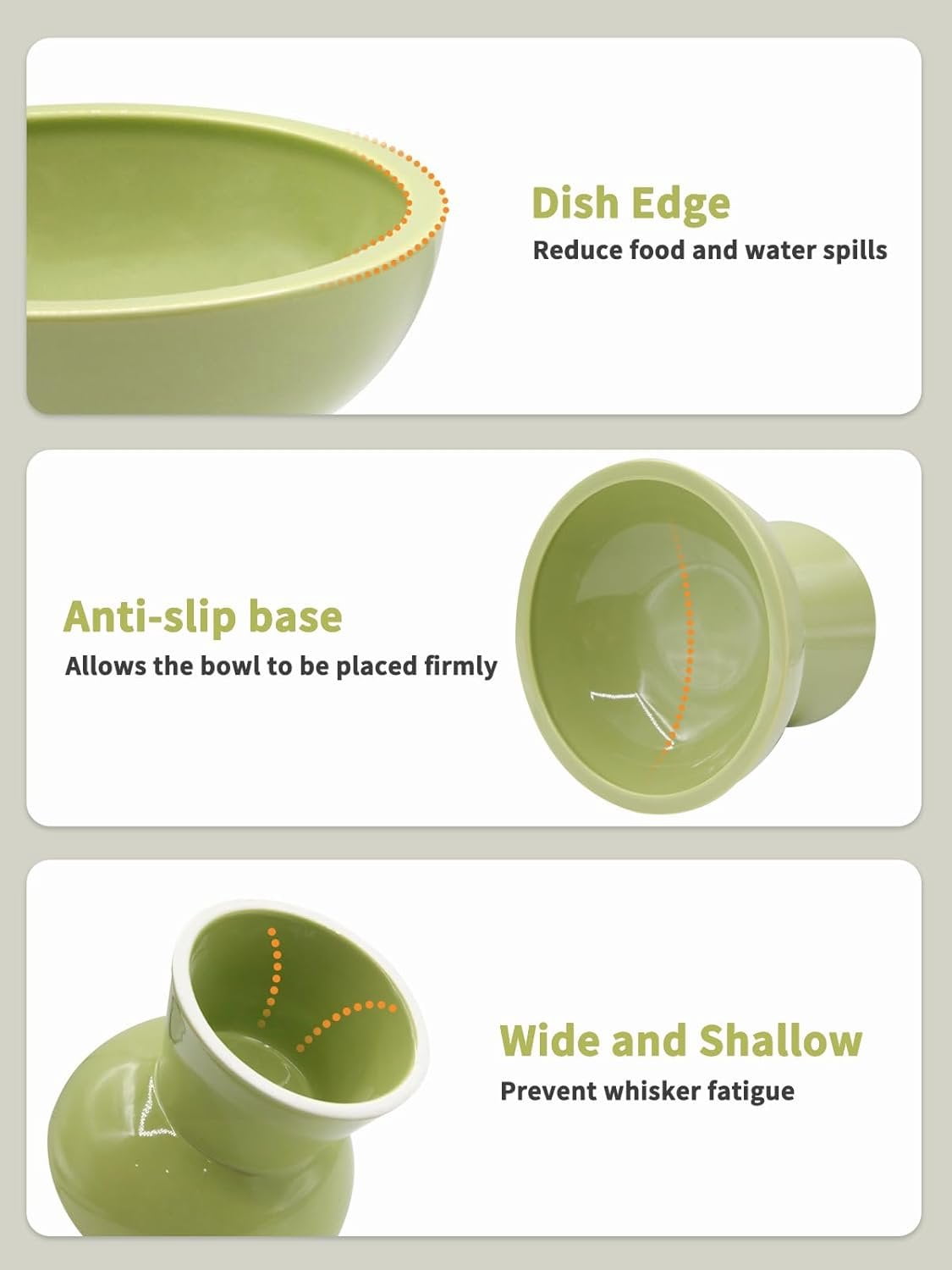 Elevated Green  Bowls Set - Wide Raised Ceramic Feeder, Anti-Vomit -Free Bowl for Kittens to Adult Cats