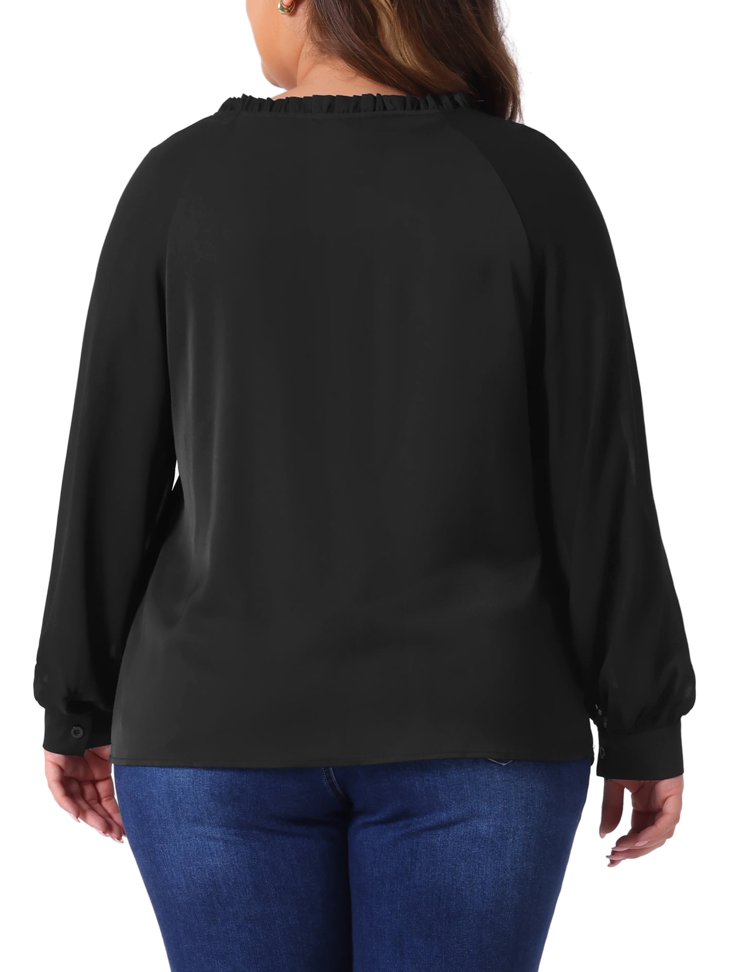 DARING DIVA Women's Plus Sheer Ruffle Notched V Neck Blouse 4X Black