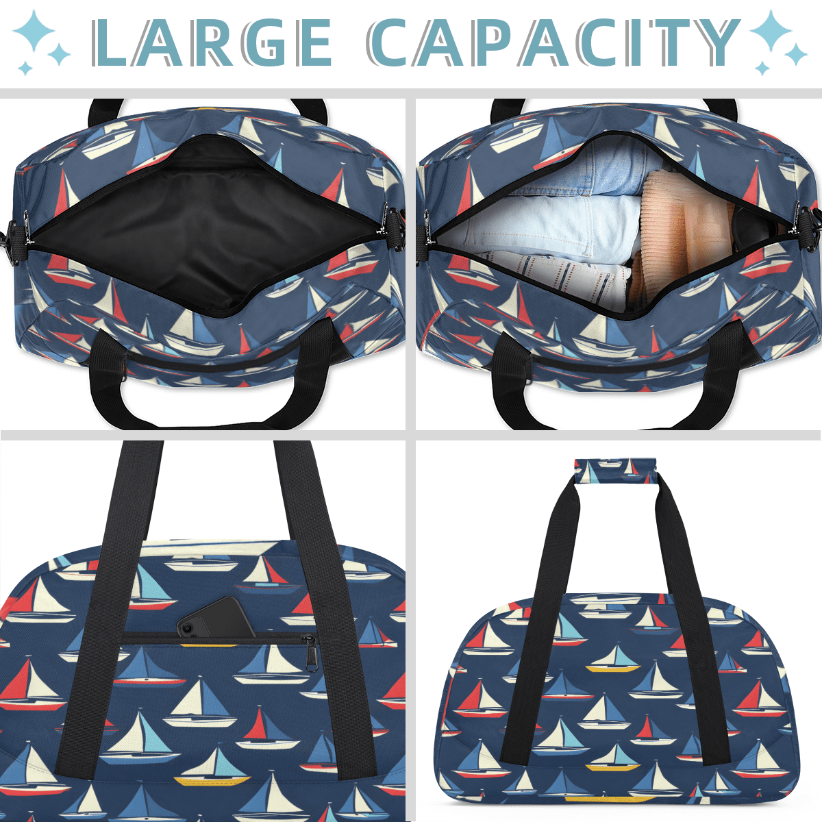 Herdesigns Ocean Sailboat Sports Duffle Bag for Women & Men, Gym Bag Dance Bag Overnight Bag Carry On Weekender Travel Bag