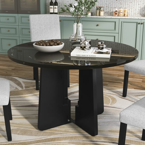 Round Dining Table for 4, 43-Inch Faux Marble Top, Mid-Century Modern Round Dining Table, Black