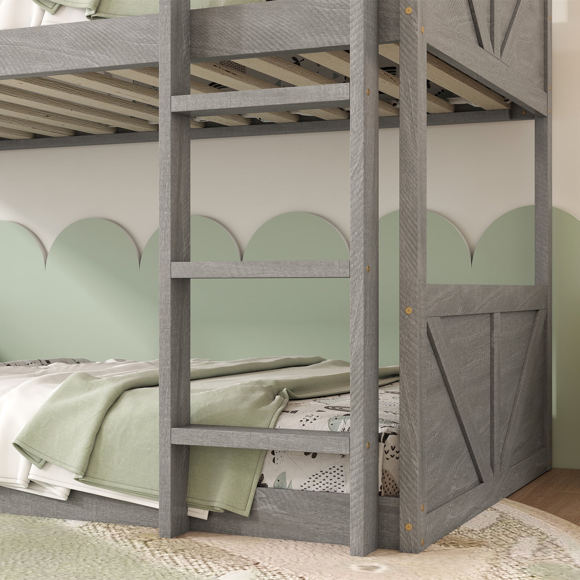 Sailvan Twin over Twin Floor Bunk Bed with Panelled Headboard, Solid Rubber Wood Foundation
