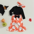 thumbnail image 3 of Okbabeha Baby Girl Halloween Outfit Long Sleeve Ribbed Romper Ghost Bell Bottom Pants Set Headband Cute Fall Clothes, 3 of 7