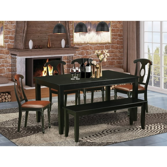 East West Furniture  6 Piece Modern Dining Table Set- a Rectangle Table and 4 Faux Leather Dining Chairs with a Bench, Black