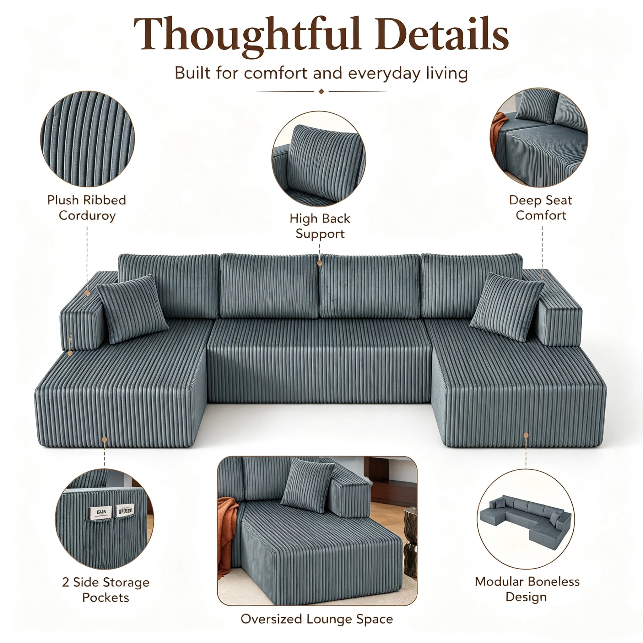 AISWORD 132" U Shaped Modular Sectional Sofa, Comfy Cloud Boneless Sofa with Chaise and Side Pockets, Memory Foam Sleeper Sofa for Living Room, Gray