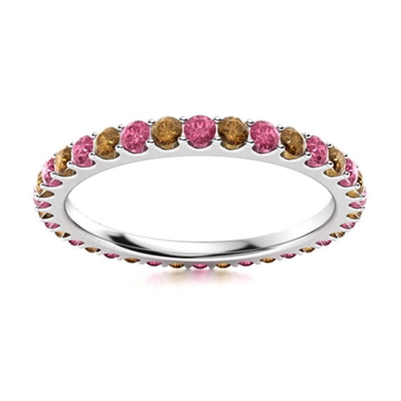 Full Eternity Round Smoky Quartz & Pink Topaz 925 Sterling Silver Women Ring