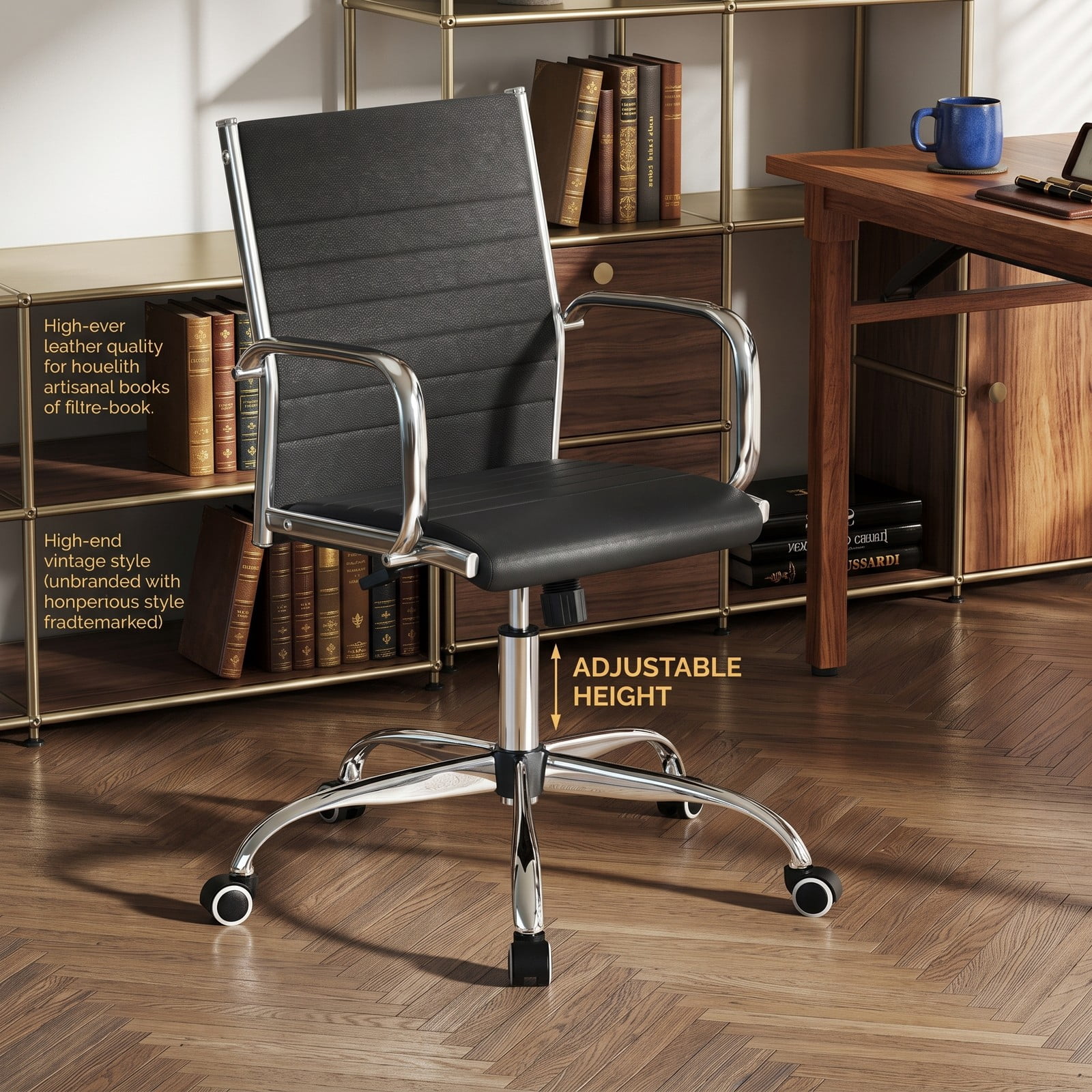 Furnibear High Back Ribbed Office Chair, Ergonomic Executive Desk Chair with Padded PU Leather, Adjustable Height, 360 Swivel, Rocking Backrest and Armrests for, Black