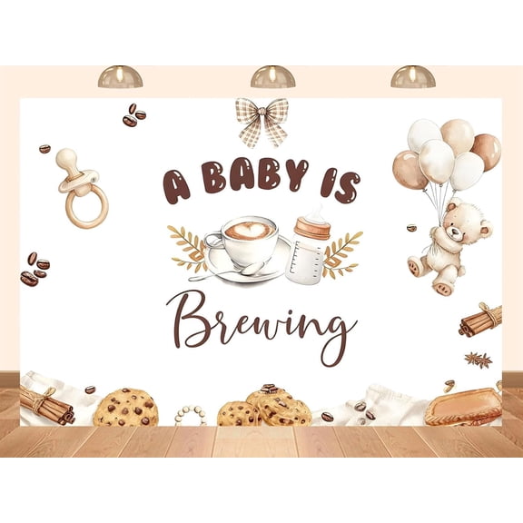 A Baby is Brewing Backdrop Coffee and Cookies Bear Baby Shower Background Brown and Beige Balloons Newborn Shower Birthday Party Decorations Banner Supplies Photo Booth Props