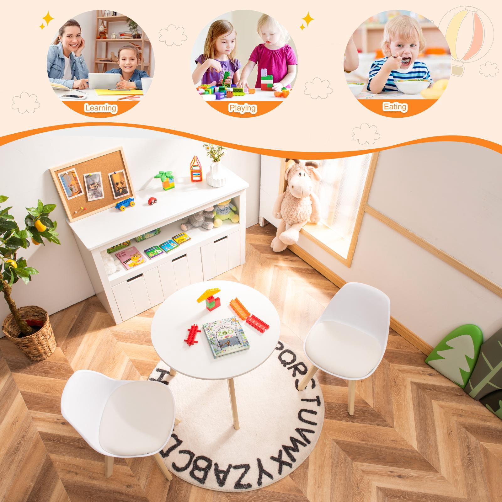 Giantex 3 Pcs Kids Table and Chair Set, Wood Activity Set w/Cushioned Seats, Child-Sized Furniture for Toddlers