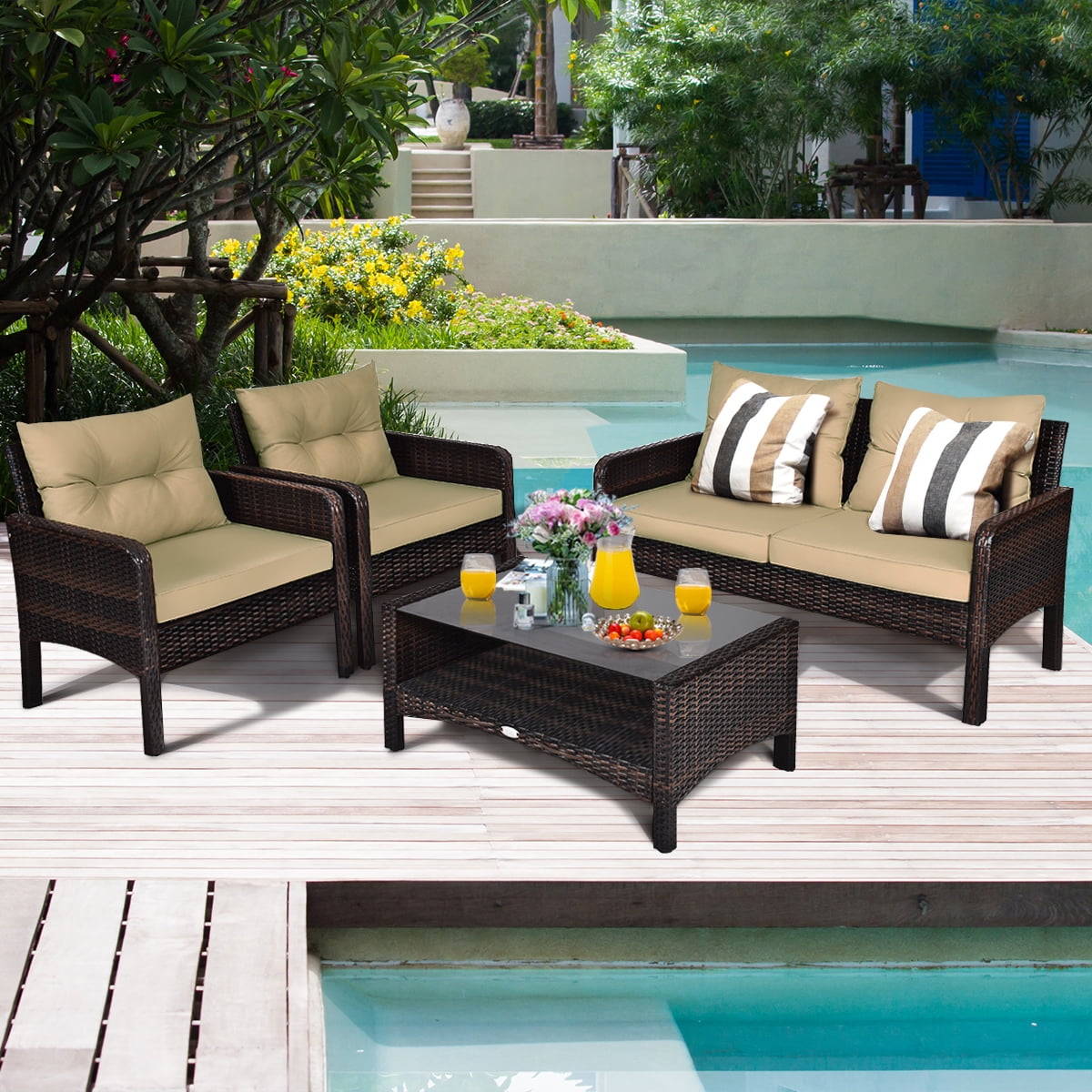 Costway 4PCS Patio Rattan Furniture Set Loveseat Sofa Coffee Table