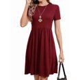 thumbnail image 4 of Women'S Short Sleeve Summer Dress Pleated Loose Swing Knee Length Dresses with Pockets Wine Red M, 4 of 9