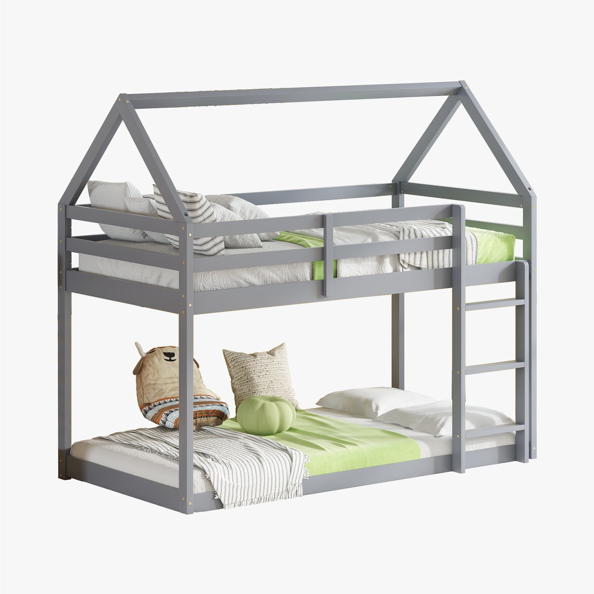Sailvan Twin over Twin Rubber Wood Floor Bunk Bed, with ladder,Guardrails,House-Shaped-Bunk Bed