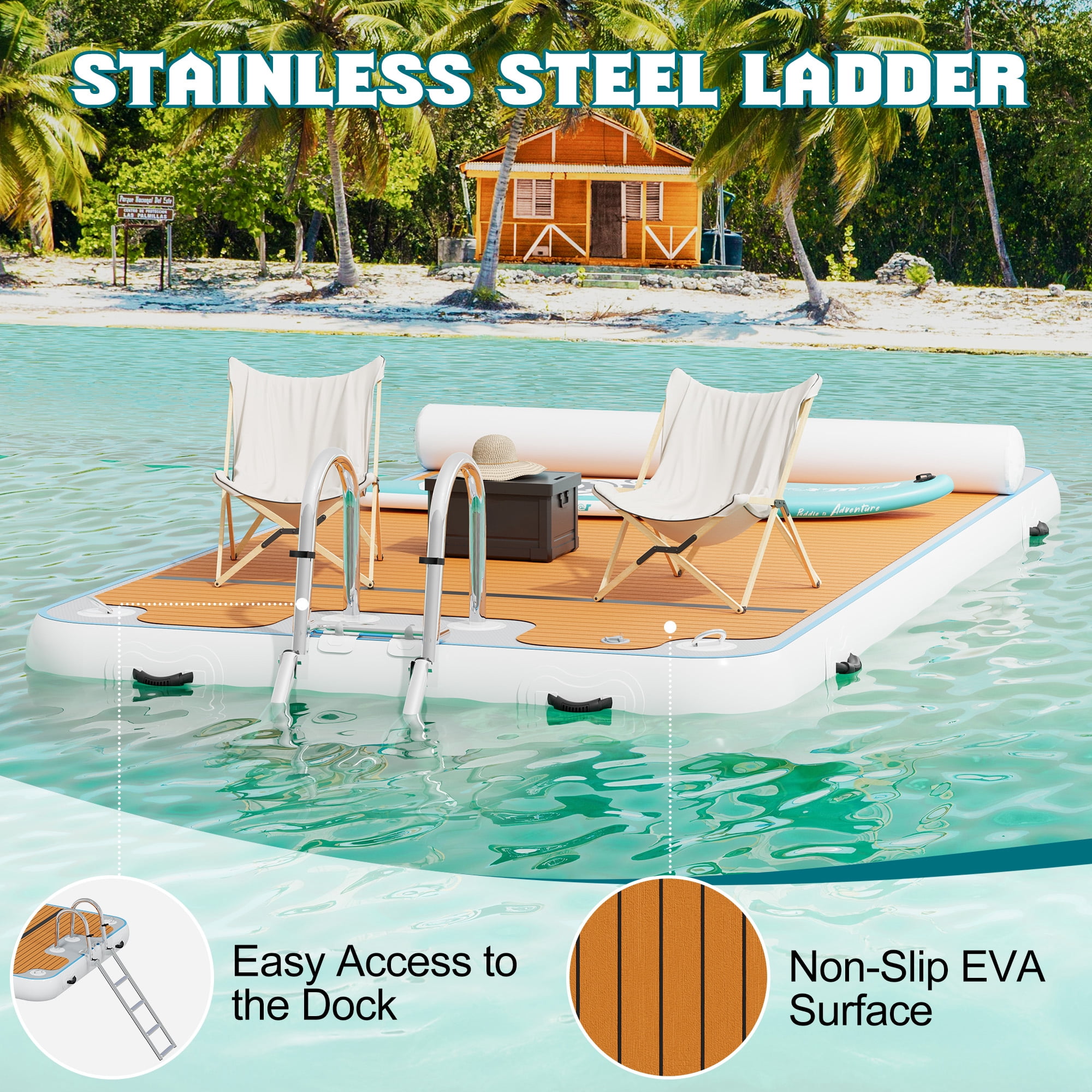 Jocisland 7×7FT Inflatable Floating Dock, Non-Slip EVA Air Dock Platform Floating Island Raft with Rope Ladder for Pool Lake Beach Ocean