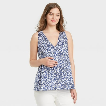 

The Nines by HATCH Sleeveless V-Neck Smocked Shoulder Maternity Blouse Blue Floral Print S