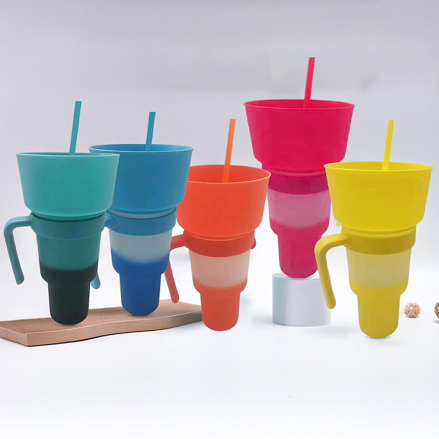 Drink Cup with Snack Bowl, 2 in 1 Drink Cup with Straw and Snack Tray,  Spill Proof Snack and Drink Cup, Portable Reusable, Suitable for Movie
