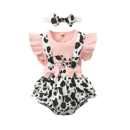 

JINSIJU Baby Girls Three Pieces Clothes Outfit Round Neck Fly Sleeve Tops + Milk Cow Printed Suspender Shorts + Headband