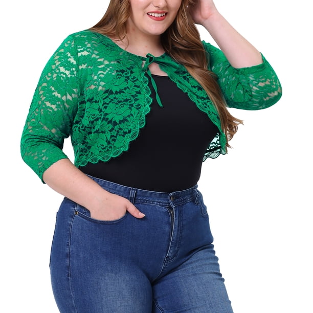 Cárdigan de encogimiento de hombros de talgrande pamujer, mangas 3/4, chaquetas de bolero de corte frontal con lazo de encaje floral Verde oscuro 4XL