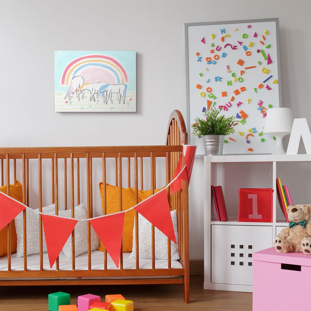 Stupell Industries Unicorns Grazing Rainbow Floral Field Kid's Illustration Canvas Wall Art Design by Daphne Polselli, 16" x 20"