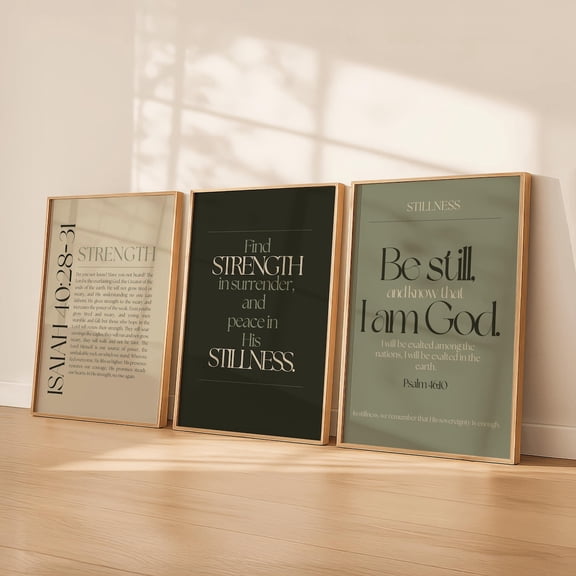 Sage Neutral Christian Wall Art Bible Verse Isaiah 40:31 Psalm 46:10 Faith Set 3 Unframed Paper Print 8x12