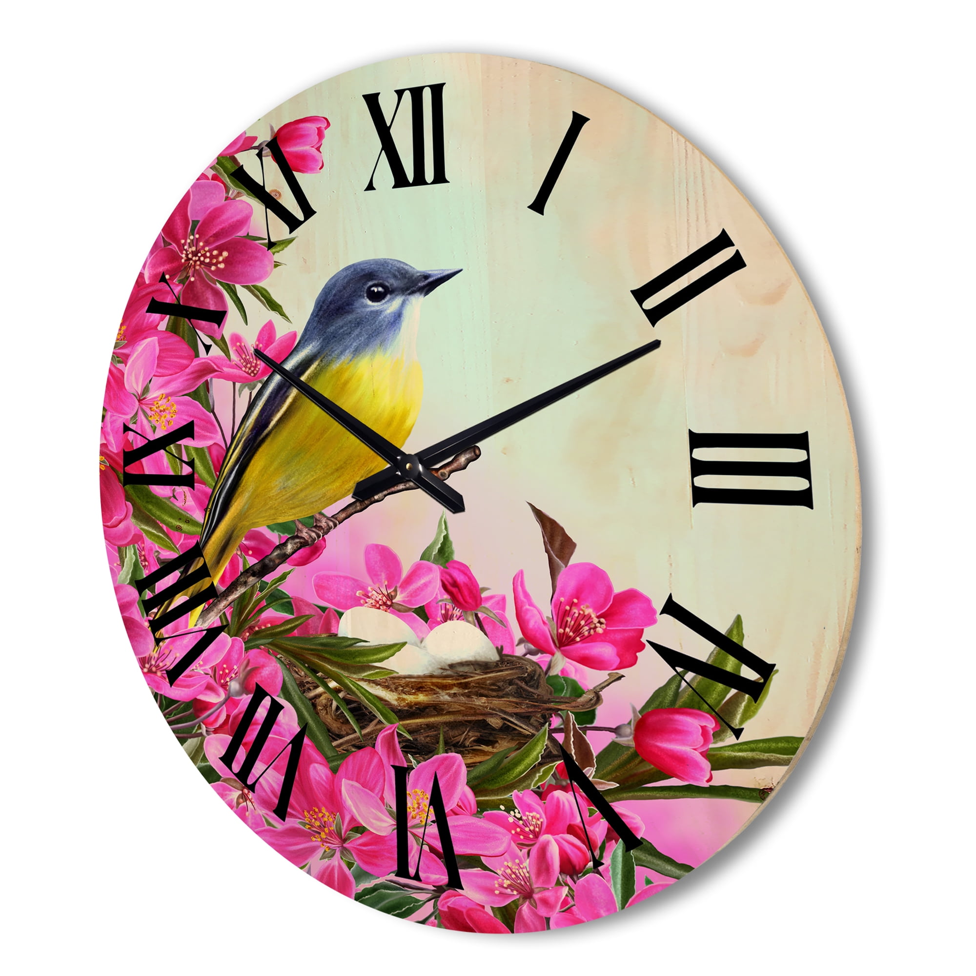 Designart 'Little Yellow Bird Near The Nest with Pink Flowers' Traditional Wood Wall Clock