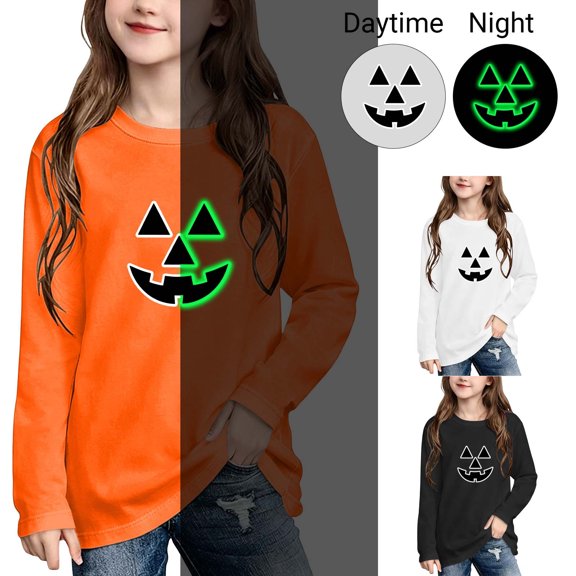 PureCasa Kids Boys Girls Long Sleeve Tops 3-12 Years Halloween Cute Noctilucent Print Loose Comfortable T-Shirt Crewneck Pullover Top