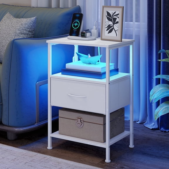 LEDREM Nightstand with Charging Station & App-Controlled LED Lights, Bed Side Table with 1 Drawer and 2 Open Shelves, Cloud White