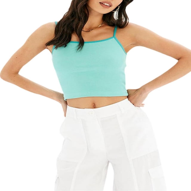 Débardeur Court Sans Manches en Tricot Côtelé pour Femme, Patchwork, Bretelles Spaghetti, Encolure Dégagée, Cami Uni, Gris, P