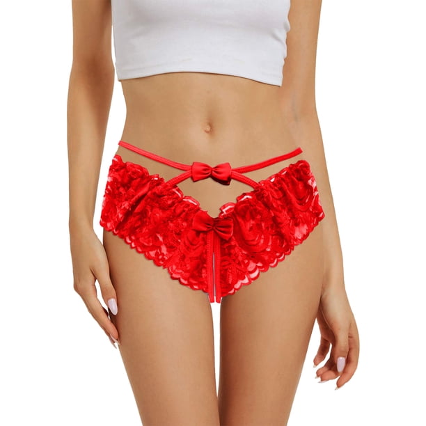 Gibobby Paquete de Tanga para dama Bragas abiertas huecas sexy para mujer Bragas de encaje Bragas triangulares lindas de cintura(Rojo,Talla única)