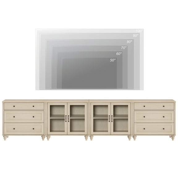 4-in-1 TV Stand for 75 Inch TV, Wood TV Cabinet Entertainment Center Television Stands for Living Room, Sideboard Buffet Cabinet with Glass Door & Drawer for Kitchen, Beige