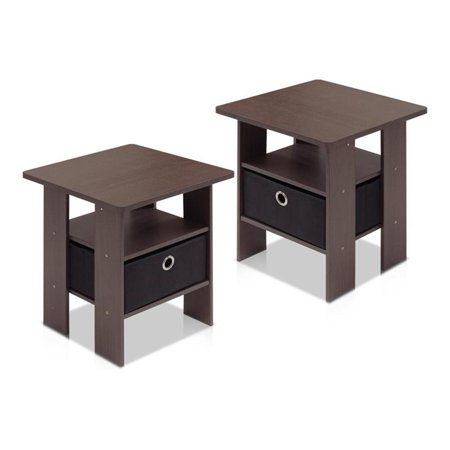 Pemberly Row Wood End Table with Bin Drawer in Dark Brown/Black (Set of 2)