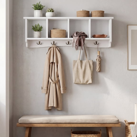 ELLEGNT Entryway Wall Shelf and Coat Rack - 5 Dual Hooks Storage Cabinet, for Hallway or Mudroom, White